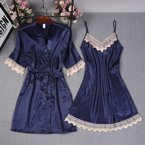 Navy Blue Women's Summer Mini Robe Sexy Lace Bath Gown Lady Rayon Kimono Nightgown Sleepwear Home Wear Pijama Mujer M-3XL ► Photo 1/6