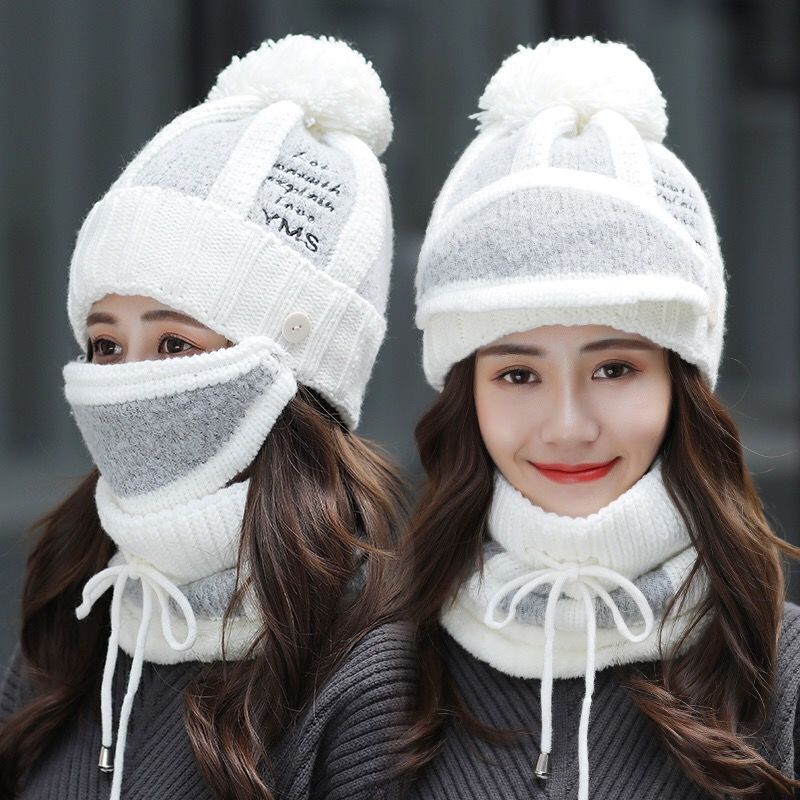 Women Hats Winter Knitted Hat With Bib Mask Scarf Female Wool Beanies Thickened