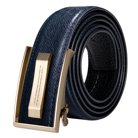 Hi-Tie Brand Simple Design Fashion Blue Leather Belts for Men Casual Jeans Leather Strap Cowboy Belts Luxury Gold Metal Buckle ► Photo 1/6