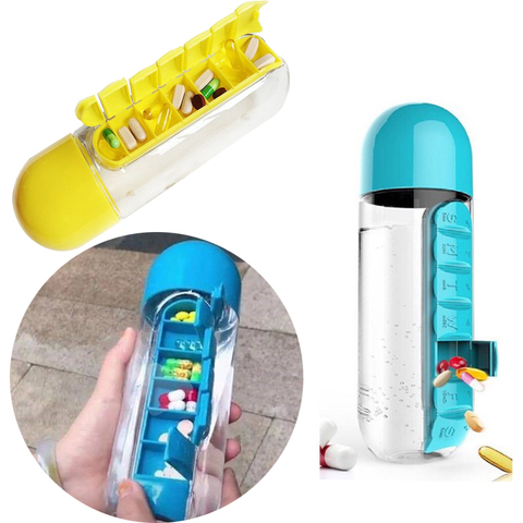 XUNZHE 600ml 2 in 1 Pill Box Outdoor Water Bottle 7 Compartments Medical Organizer With Drinking Bottle Old Man Portable Tablet ► Photo 1/6