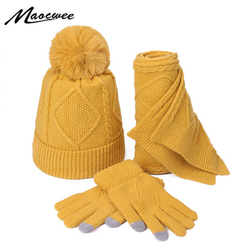 Women's Hat and scarf Gloves set three Pieces for Women Winter Kitted Wool hats for Girls Thick Warm Pom Hat scarf Glove Set ► Photo 1/6