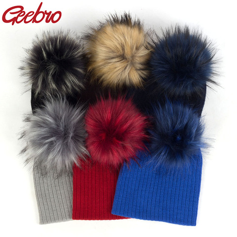 Geebro Autumn Winter Thick Warm Baby Hat Knit Ribbed Cotton Solid Baby Pompom Hats For Boys Girls Children's Hats Child Beanie ► Photo 1/6