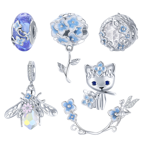 bamoer Hydrangeas 925 Sterling Silver Cat Elf Round Blue Flower Glass Bead Fairy Hope Pendant Charms Jewelry Making DIY BSC392 ► Photo 1/1