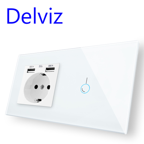 Delviz EU Standard usb Socket,AC 110-240V 16A Power Outlet, Touch Switch, Crystal Glass Panel, Light Switch, 1 Gang 1 Way Switch ► Photo 1/6