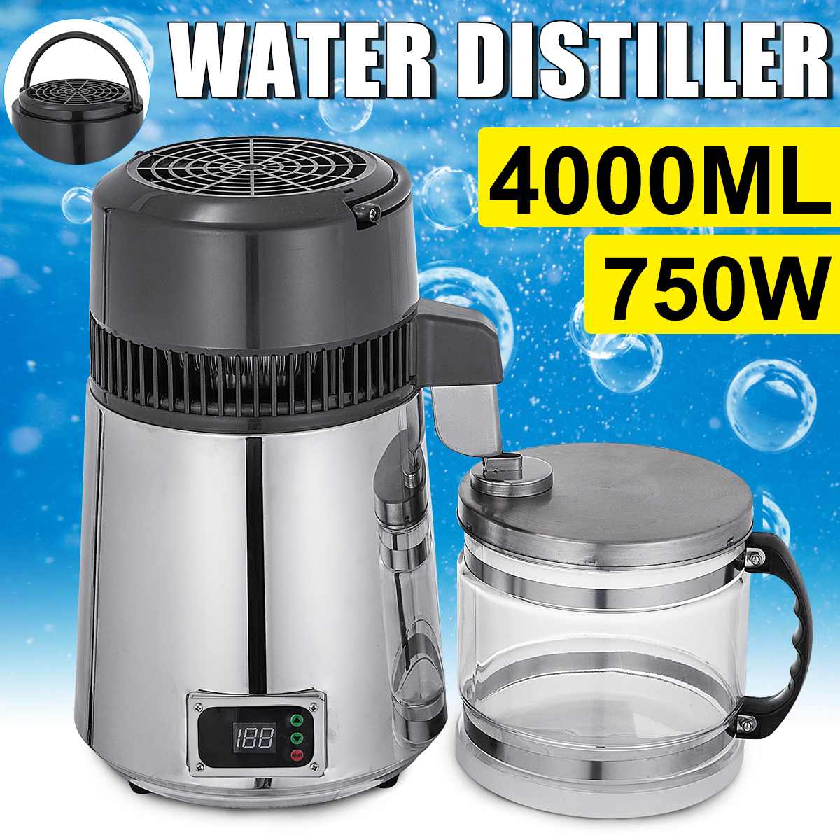 US 4L Pure Water Distiller Pure Water All Stainless Steel Purifier Filter 110V