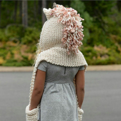 Kids Cartoon Unicorn Hooded Scarf Animal Hoodie Cowl Crochet Knitted Beanie Hat Kids Casual Kid Knit Scarves ► Photo 1/5