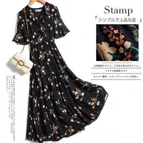 Plus Size Summer Dress 2022 Vintage Black Floral Print Ruffle Chiffon V-Neck Short-Sleeve Slim Long Midi Dress Casual Beach 4XL ► Photo 1/5