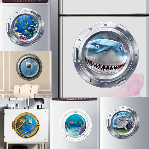 3d vivid Submarine Porthole Wall Stickers Refrigerator Bathroom Home Decoration Shark Fishes Mural Art Pvc Decal ► Photo 1/6