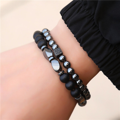 Matte Hematite Stone Beads Bracelet Set 2Pcs/Sets Erkek Bileklik Jewelry Mens CZ charm Bracelets For Women Punk Pulseras Mujer ► Photo 1/5