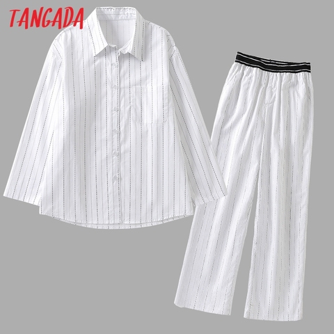 Tangada 2022 Women 100% Cotton Tracksuit Sets Blue Loose Shirt Trousers 2 Pieces Sets Long Sleeve Blouse Pants Suits 6L38 ► Photo 1/5