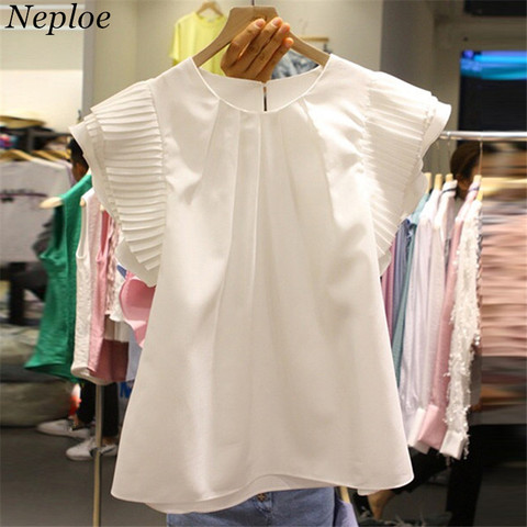 Neploe Solid White Black Women Blouse O-neck Short Sleeve blusas Pleated Female Tops Korean Fahion Loose Casual Shirts 67747 ► Photo 1/5