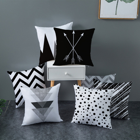 Geometric Cushion Cover Black and White Polyester Throw Pillow Case Striped Dotted Grid Triangular Geometric Art Cushion Cover ► Photo 1/5