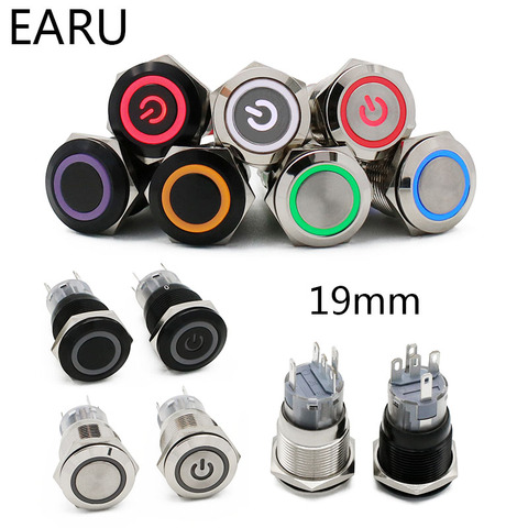 19mm Waterproof Metal Push Button Switch LED Light Black Momentary Latching Auto Car Engine PC Power Switch 3V 5V 12V 24V 220V ► Photo 1/6