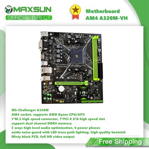 MAXSUN Newest Motherboard AM4 A320M-VH M.2 Challenger AMD ddr4 memory slots Rams PCI-E slot ssd HDMI+VGA mainboard for desktop ► Photo 1/6