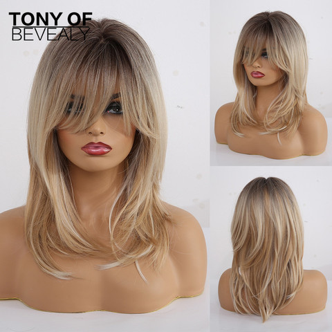 Long Wavy Layered Wigs With Bangs Brown to Blonde Ombre Hair Wigs For Afro Women Cosplay Heat Resistant Natural Synthetic Wigs ► Photo 1/6