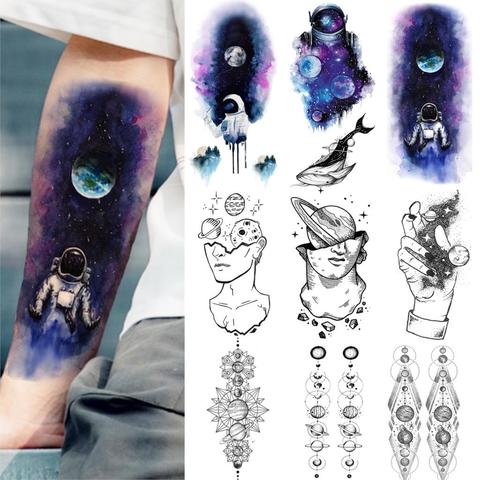 Blue Watercolor Galaxy Astronaut Temporary Tattoos Outer Space Man Body Art Fake Tattoos Stickers Forearm Planets Thinker Tatoos ► Photo 1/6