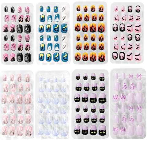 24Pcs/Lot Children Halloween False Nail Tips Fire Full Cover Kid Glue Self Fake Nail Art for Girls DIY Manicure Tips Nails Decor ► Photo 1/6