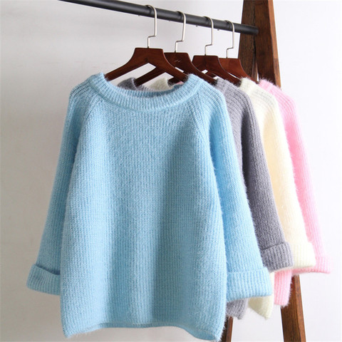 2022 Pink Sweater Women Winter New Solid Color Stretch Loose Short Pullover Sweaters Sweet Style Clothing Female Korean Top ► Photo 1/6