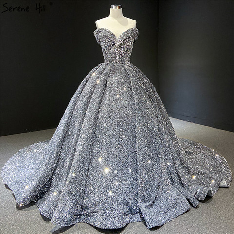 Serene Hill Silver Grey Sequined Wedding Dress 2022 Dubai Sleeveess Sexy Luxury Bridal Gown Custom Made CHM66742 ► Photo 1/6