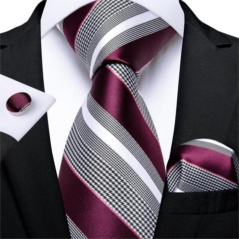 Fashion Striped Tie For Men Red Wine White Silk Wedding Tie Hanky Cufflink Gift Tie Set DiBanGu Novelty Design Business MJ-7337 ► Photo 1/6