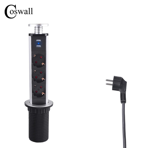 COSWALL 16A PULL POP UP 3 Power Socket 2 USB Charging Port Kitchen Table Desktop Sockets Retractable Countertops Worktop EU Plug ► Photo 1/3