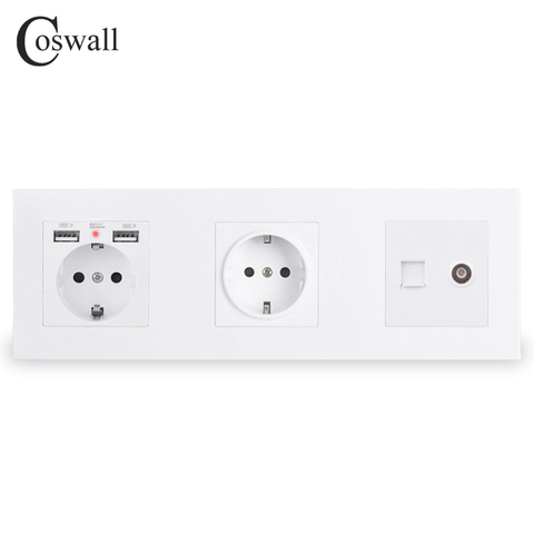 COSWALL Double Wall EU Socket Grounded With 2 USB Charge Port Hidden Soft Backlight + Female TV & RJ45 Internet Outlet PC Panel ► Photo 1/3