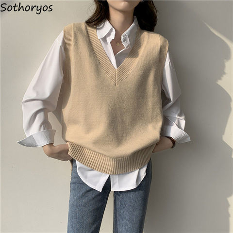 Sweater Vest Women V-neck Solid Simple Slim All-match Casual Korean Style Teens Chic Fashion Autumn Winter Sleeveless Sweaters ► Photo 1/6