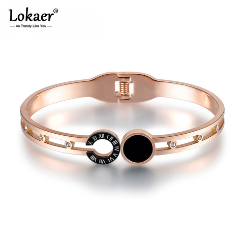 Lokaer Classic Rose Gold Roman Number Bangles For Women 316L Stainless Steel Black Shell Lover Charm Bracelets & Bangles B17019 ► Photo 1/6