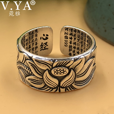 V.YA 999 Silver Lotus Ring Vintage Amulet Buddha Lotus Baltic Buddhist Scriptures Opening Ring For Men Women Silver Jewelry Gift ► Photo 1/6