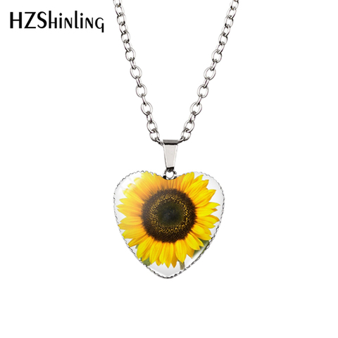 New Sunflower Heart Necklace Yellow Sunflower Pendant Glass Picture Jewelry Silver Heart Necklace HZ3 ► Photo 1/6