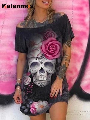 Punk Skull Floral Print Dresses for Women Summer Casual Loose Off Shoulder Mini Party Dress Robes Vestidos De Mujer Plus Size ► Photo 1/6