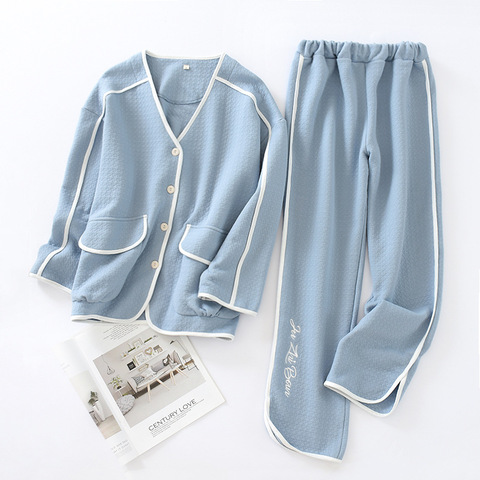 New Autumn and Winter Leisure Tops Women's Long-Sleeved Trousers Cotton Thick Air Layer Solid Color Warm Simple Pajamas Set ► Photo 1/6