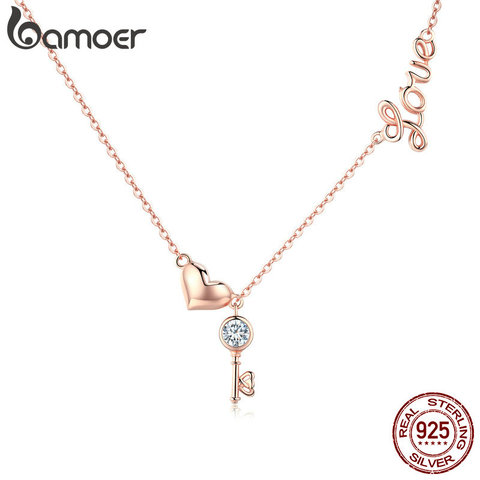 BAMOER Romantic 925 Sterling Silver Key Lock to Heart Pendant Necklaces Women Gold Color Necklace Sterling Silver Jewelry SCN292 ► Photo 1/6