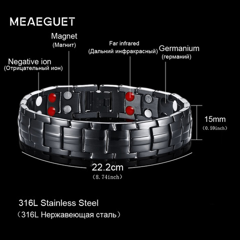 Meaeguet Tow Row 4 Health Elements Energy Bracelet Jewelry For Men Black Stainless Steel Chain Link Magnet Therapy Bracelets ► Photo 1/6