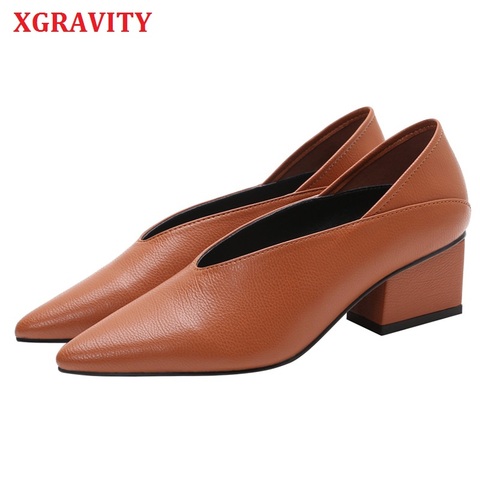 XGRAVITY 2022 Spring Ladies Genuine Leather Chunky Mid-Heeled Women Shoes Pointed Toe Dress Sexy V Design Retro Mother Shoes ► Photo 1/6