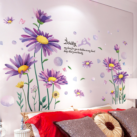 [shijuekongjian] Purple Daisy Wall Stickers DIY Flower Plants for Living Room Kids Bedroom Kitchen Nursery House Decoration ► Photo 1/6