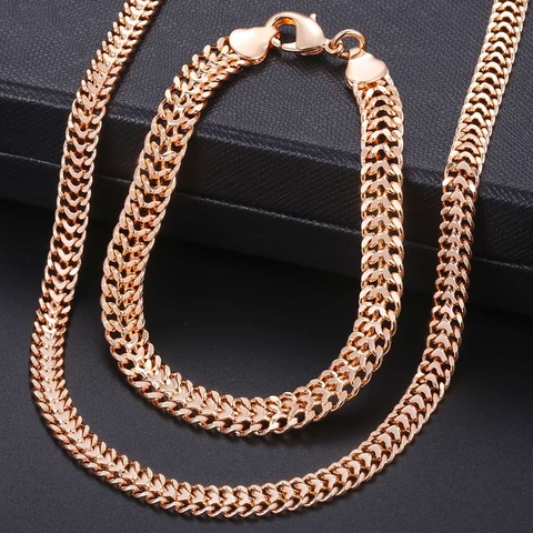 Men Women's Jewelry Set 585 Rose Gold Bracelet Necklace Set Double Curb Cuban Weaving Bismark Chain 2022 Wholesale Jewelry KCS04 ► Photo 1/6