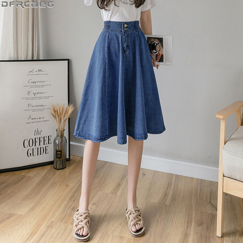 Vintage Elastic High Waist Ladies Denim Skirt New Spring Summer Streetwear Big swing Saia Midi Button A-line Women Jeans Skirts ► Photo 1/6