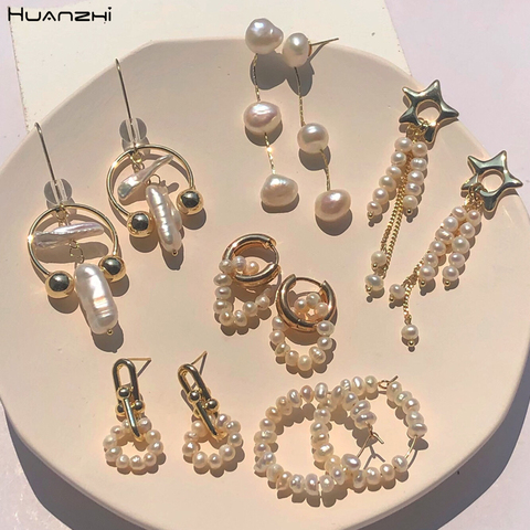 HUANZHI 2022 New Natural Freshwater Pearl Star Chain Long Tassel Geometric Metal Hoop Earrings for Women Jewelry ► Photo 1/6