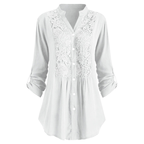 Lace Women Blouse Plus Size Casual Solid White Shirt Loose V Neck Long Sleeve Button Elegant Womens Tops And Blouses Tunic ► Photo 1/6