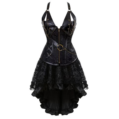 Women Gothic Steampunk Corset Dress Pirate Costume PU Leather Corset Bustier Lingerie Top With Asymmetric Floral Lace Skirt Set ► Photo 1/6