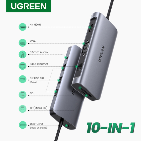 UGREEN USB C HUB 10 in 1 USB Type C to HDMI 4K USB 3.0 VGA PD 3.5mm Full Function HUB for MacBook/Pro/Air iPad Pro USB C HUB ► Photo 1/6