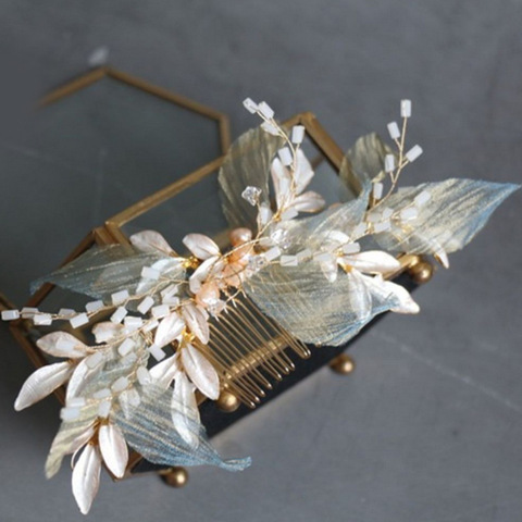 metal Leaves Pearl Mori crepe Hair combs women girls party Headwear bride headpiece ► Photo 1/5