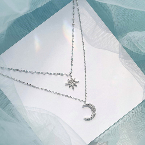 Fashion Simple Double Layer Star Moon Charm Necklace Delicate Clavicle Chain Zircon Necklace For Women Jewelry S-N576 ► Photo 1/6