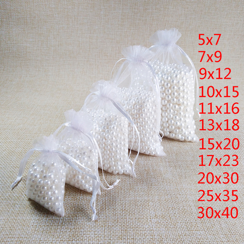 100pcs/lot White Drawstring Organza Bags 7x9 9x12 10x15 13x18 15x20cm Wedding Birthday Party Jewelry Gift Packaging Bags Pouches ► Photo 1/6