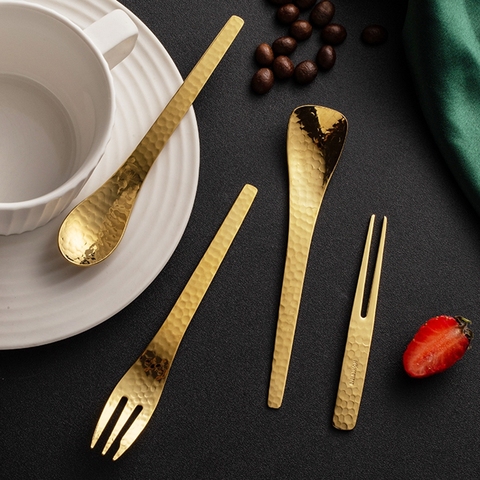 Handmade Stainless Steel Spoon Ice Cream Coffee Stirring Spoons Teaspoon Golden Fruit Fork Dessert Cake Honey Spoon Tableware ► Photo 1/6