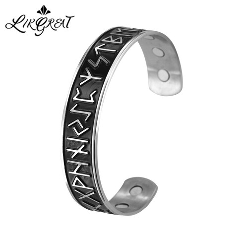LIKGREAT Nordic Viking Rune Open Cuff Bracelet Stainless Steel Magnetic Therapy Bangle Women Men Antique Vintage Jewely Bijoux ► Photo 1/6