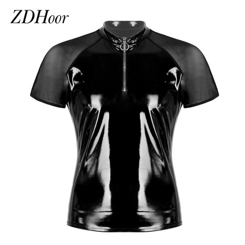 Mens Shiny Shirt Patent Leather Short Sleeves Sexy T-shirt Tees Sheer Mesh Zipper T-Shirts Tops Clubwear Casual Clothes ► Photo 1/6