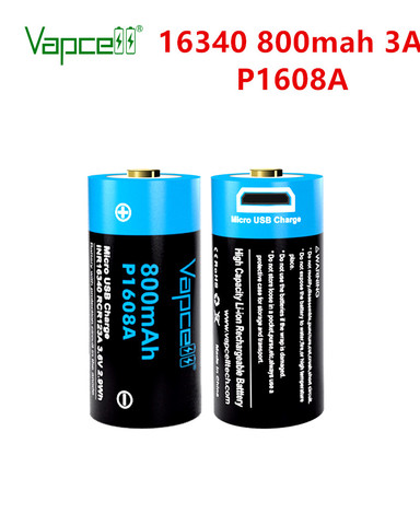 Vapcell 100% Original 16340 800mah P1608A battery 3.7V button top USB Rechargeable li ion Batteries for flashlight power tools ► Photo 1/6