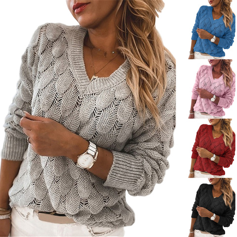 Women V Neck Solid Knitted Casual Sweater Female Fashion Autumn Winter Pullover Loose Long Sleeve Jumpers Sweaters 2022 New ► Photo 1/6